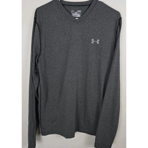 Under Armour Shirt Mens LargeGray Long Sleeve COLDgear Striped Outdoors Run A4 - Picture 1 of 5